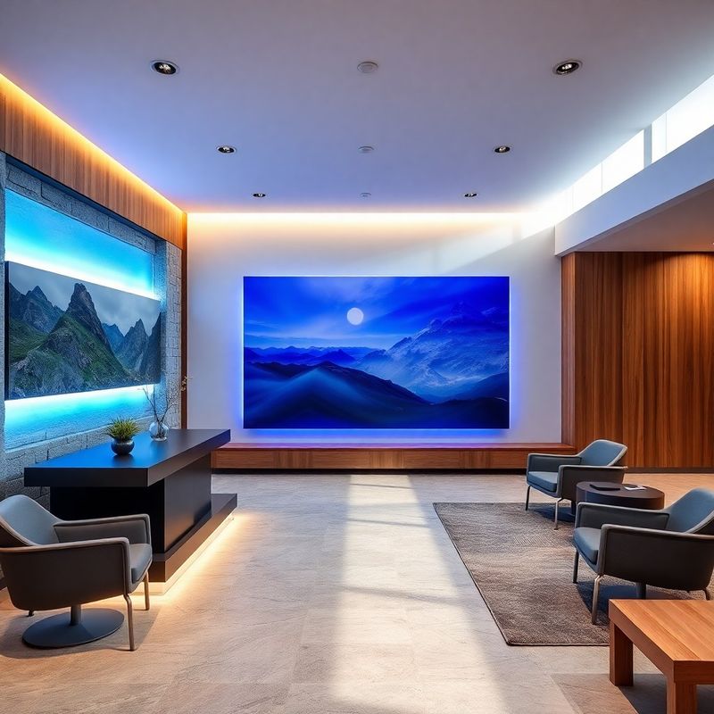 Modern minimalist office reception area with indigo-tech accent lighting and natural mountain light