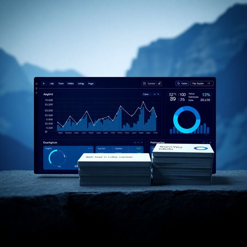 Indigo-tech dashboard mockup with glowing chart lines and stacked strategy rule cards