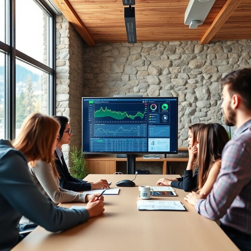 Small professional team gathered around a monitor showing the House of Austin terminal in a Slovenian office